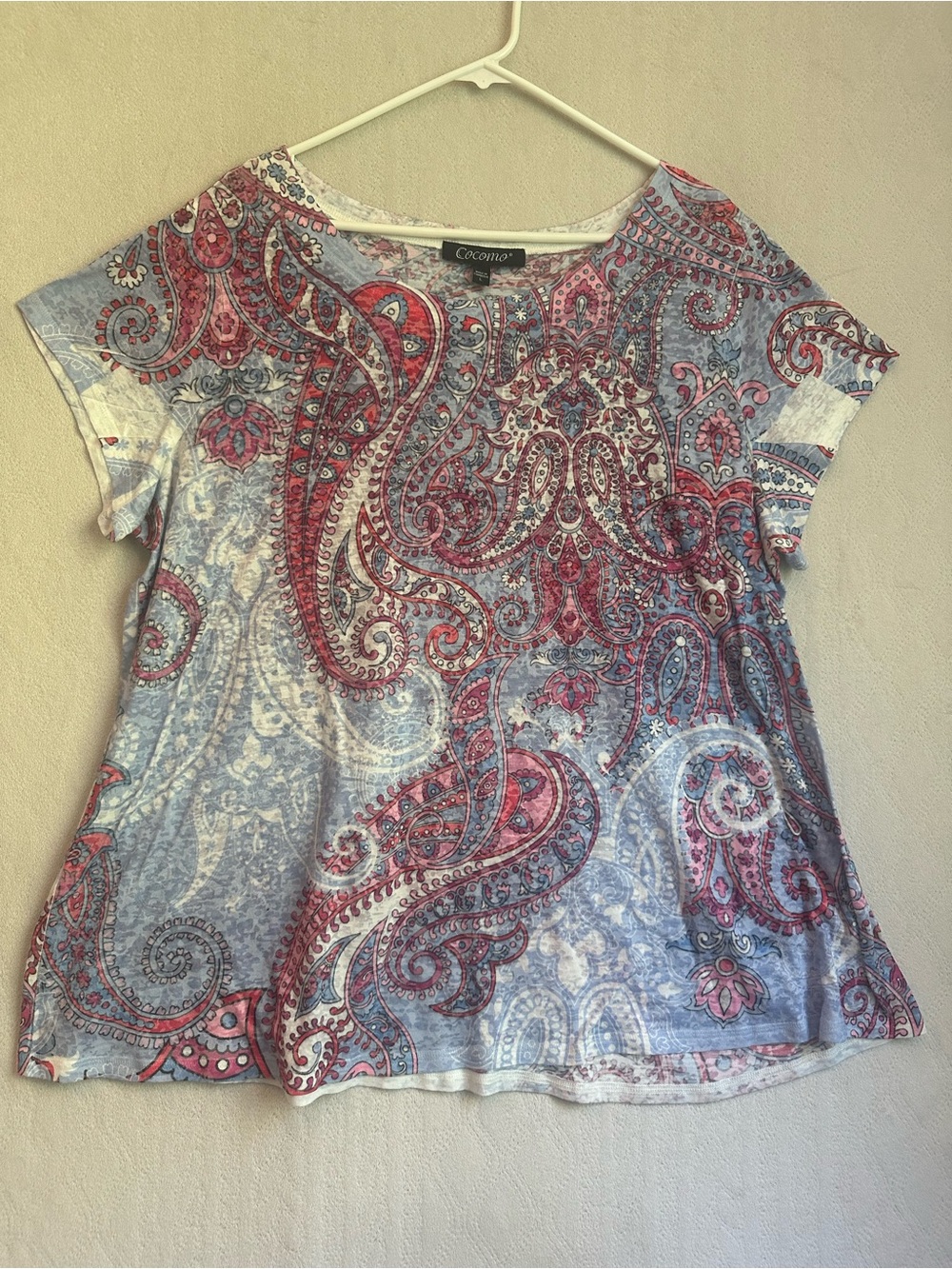 Cocomo Blue & Pink Paisley Women's Short Sleeve Top Sz L